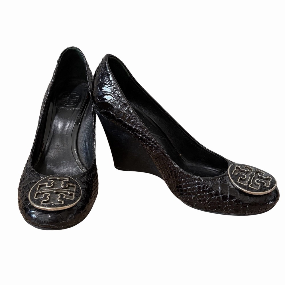 Tory Burch Caroline Black Patent Leather Wedge Women's Heels Shoes Size 8 m
